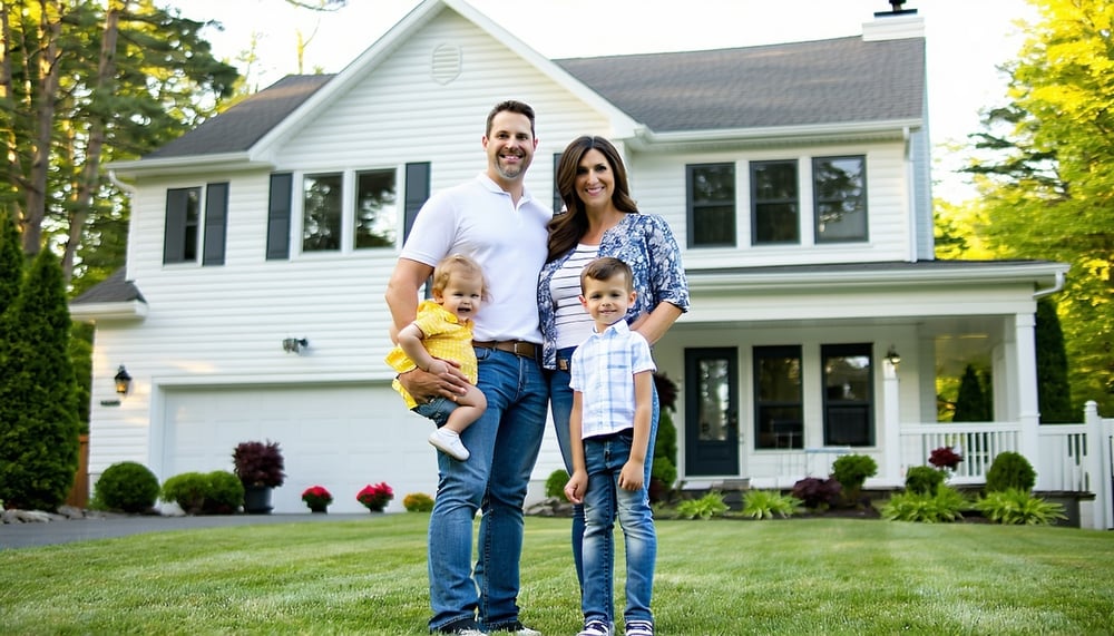 Family standing in front of their new home, celebrating homeownership Family standing in front of their new home, celebrating homeownership